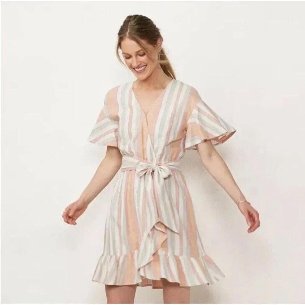 LC Lauren Conrad Ruffle Wrap Dress Stripes Size Small Vneck Linen Blend Woman’s